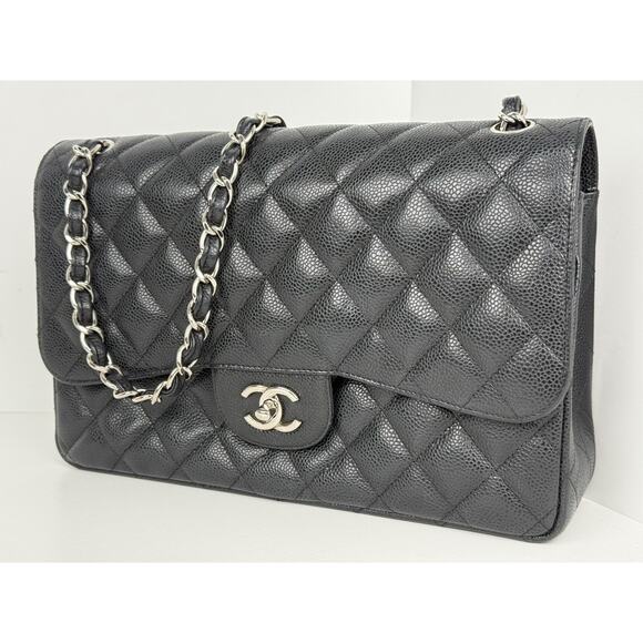 Chanel Classic Caviar Jumbo Double Flap Bag Black with Silver Hardware B-2 - Picture 1 of 16